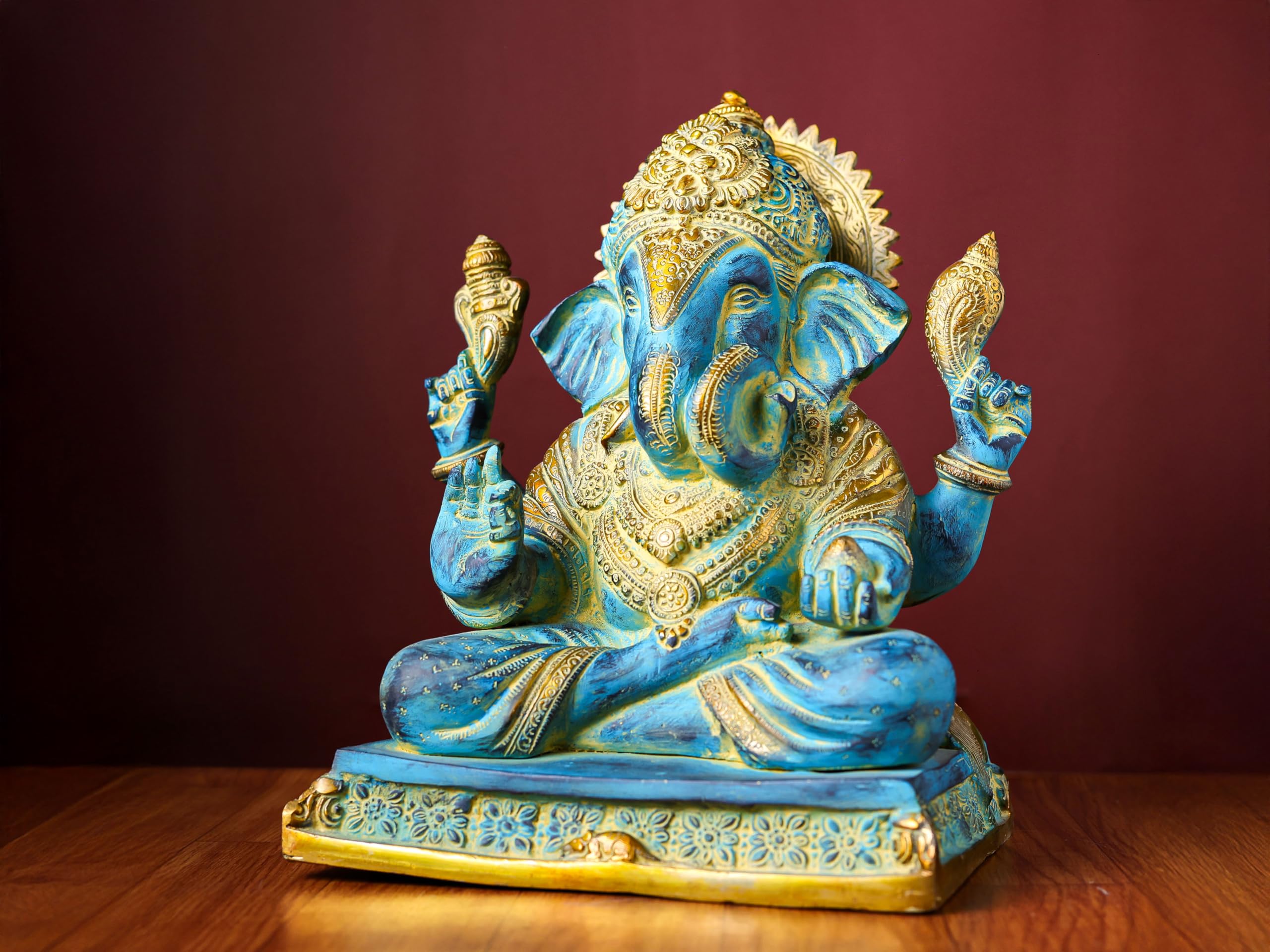 Brass Ganesha Statue With Mosaic, 29 Cm Brass Blue Golden Finish Ganesh Statue, Ganpati Idol, Good Luck Gift For New Beginnings,